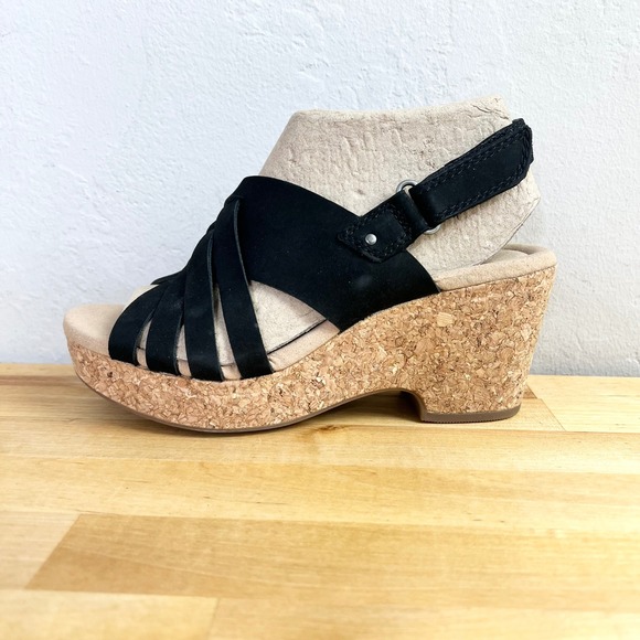 Clarks Shoes - Clarks Wedges Giselle‎ Black Suede Strappy Cork Platform Sandals Size 6.5